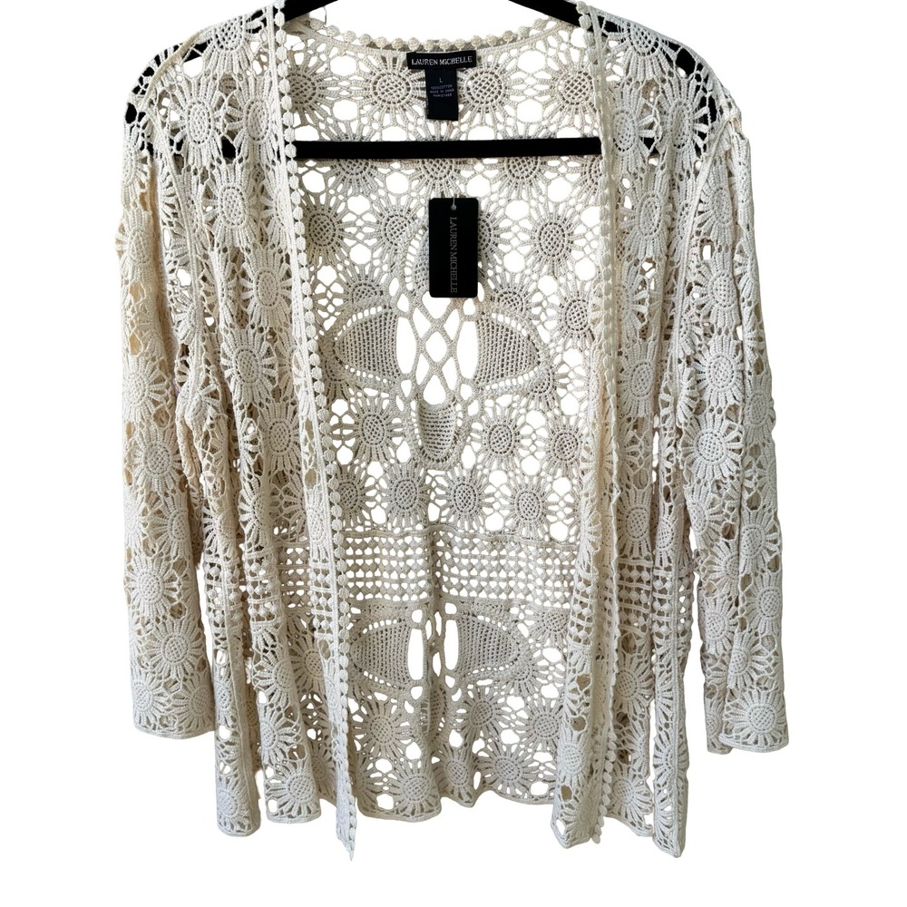Lauren Michelle Boho Cottagecore Coastal Cotton Crochet Open Front Cardigan NEW